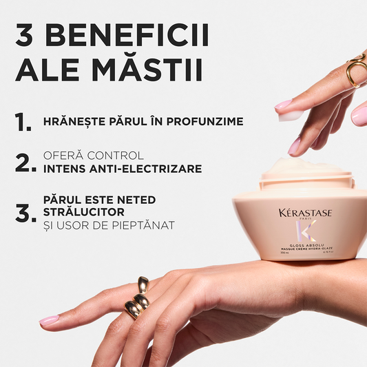 Kérastase Gloss Absolu Masque Crème Hydra‑Glaze – Mască Hidratantă pentru Păr Gros și Electric, Strălucire Intensă & Catifelare 200 ml