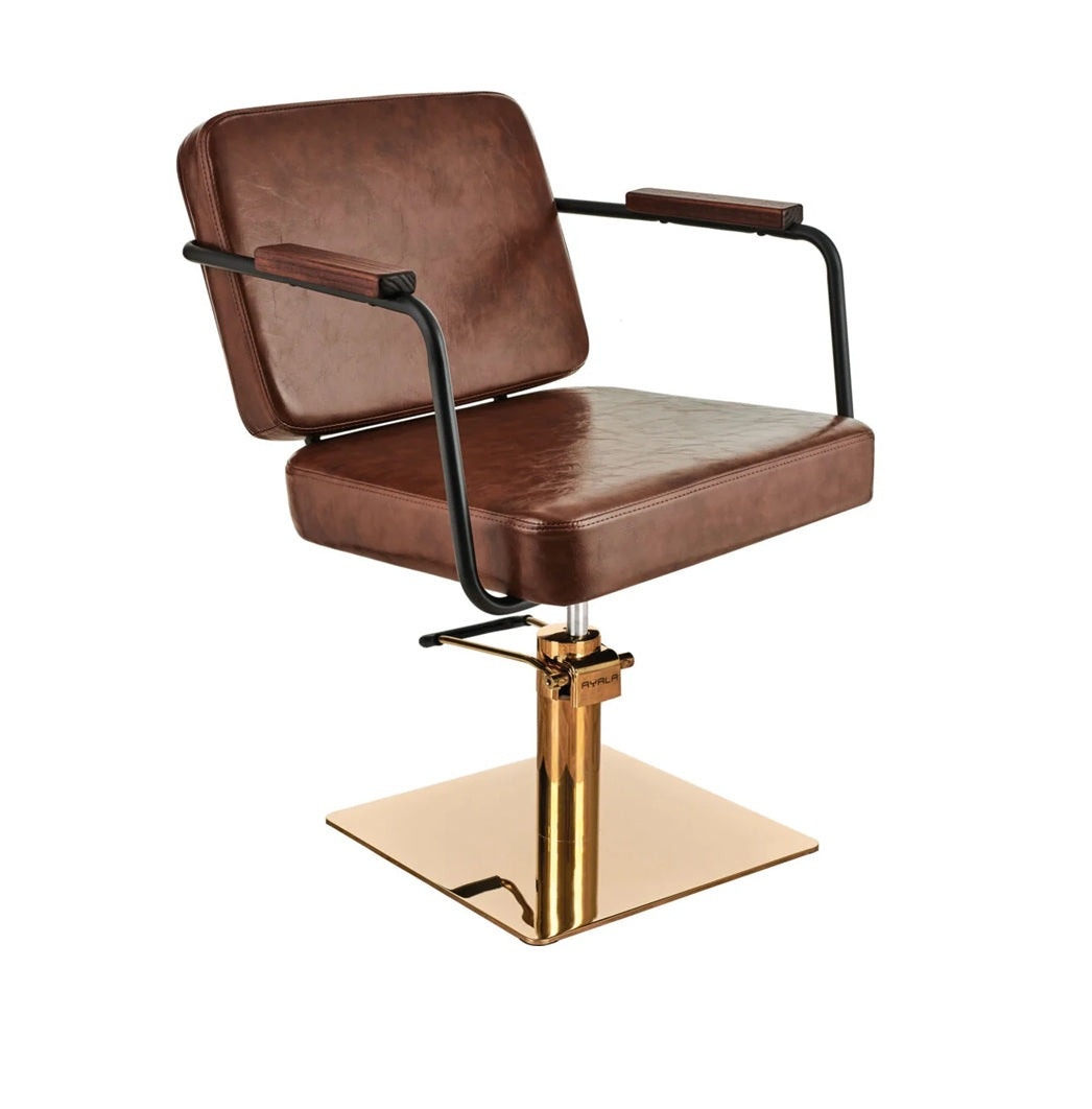 Ayala Enzo G1 – Scaun de Coafor Profesional Maro cu Bază Aurie Pătrată | Design Modern-Boho cu Eleganță Premium