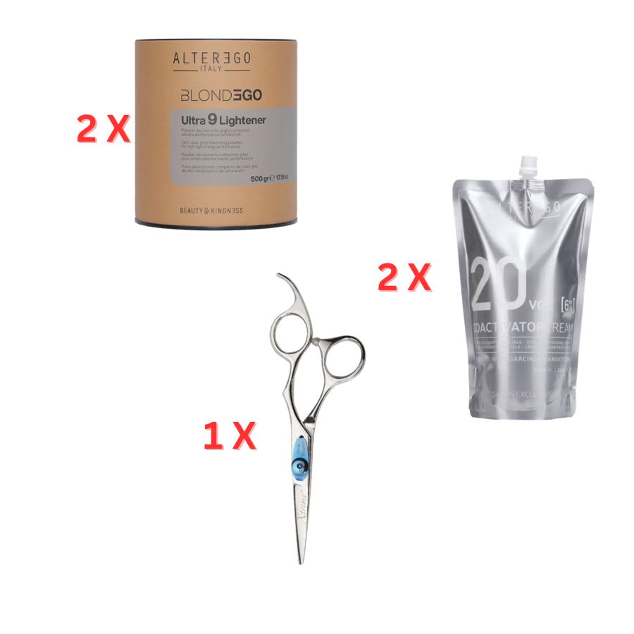 AlterEgo Pachet decolorant + oxidant + foarfeca Olivia Garden