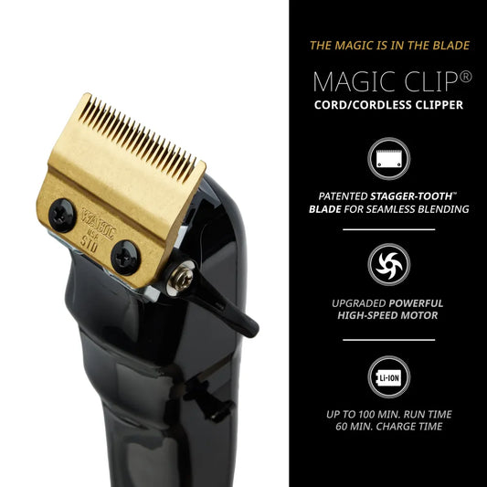 Wahl 5-Star Cordless Magic Clip Black – Mașină de Tuns Profesională cu Lamă Stagger-Tooth Motor Puternic și 8 Piepteni