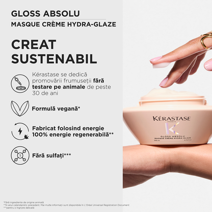 Kérastase Gloss Absolu Masque Crème Hydra‑Glaze – Mască Hidratantă pentru Păr Gros și Electric, Strălucire Intensă & Catifelare 200 ml