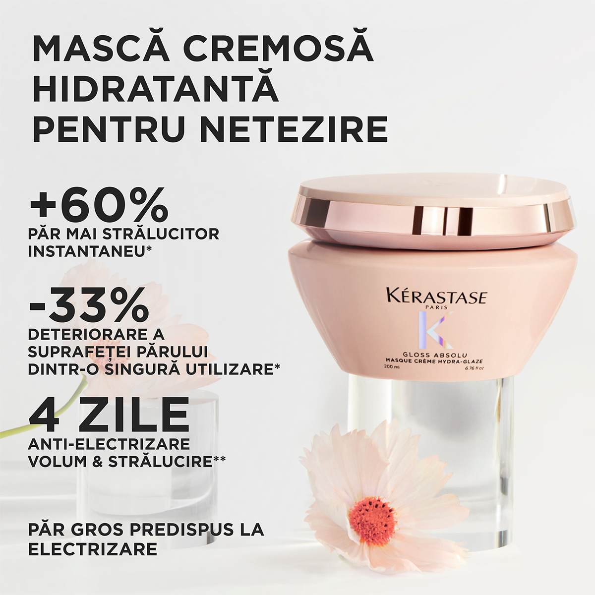 Kérastase Gloss Absolu Masque Crème Hydra‑Glaze – Mască Hidratantă pentru Păr Gros și Electric, Strălucire Intensă & Catifelare 200 ml