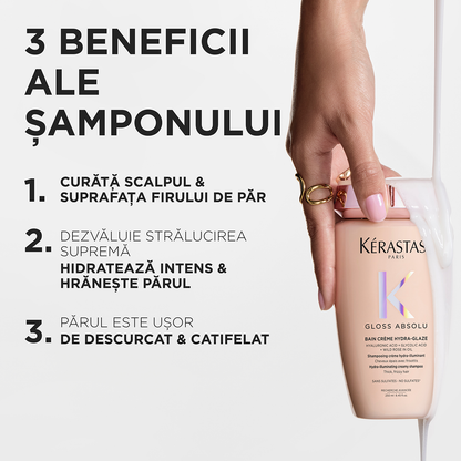 Kérastase Gloss Absolu Bain Crème Hydra‑Glaze – Șampon Hidratant pentru Păr Gros și Electric, Fără Sulfați, Strălucire Intensă