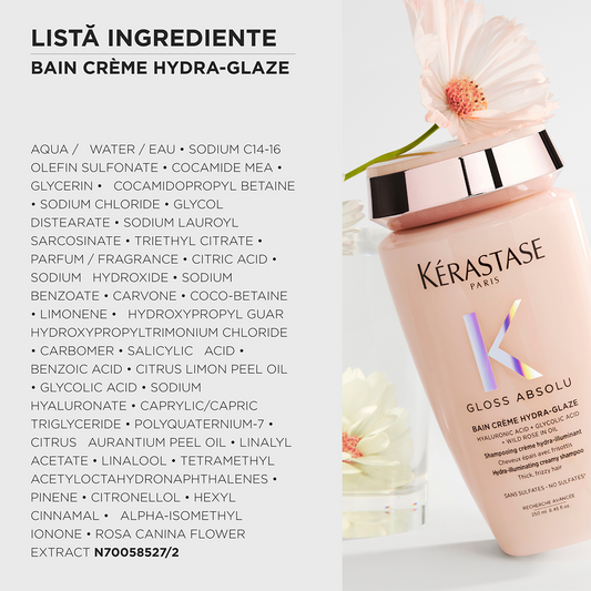 Kérastase Gloss Absolu Bain Crème Hydra‑Glaze – Șampon Hidratant pentru Păr Gros și Electric, Fără Sulfați, Strălucire Intensă