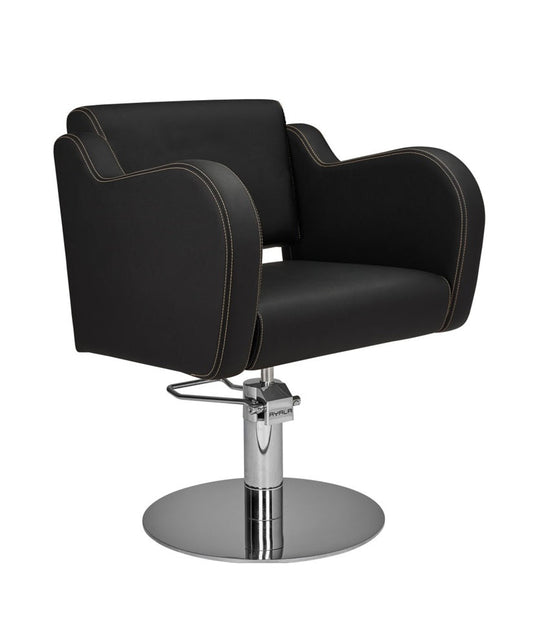 Ayala Holly 01 P-7 Scaun de Coafor Negru cu Cusături Aurii și Bază Rotundă Cromată Argintie