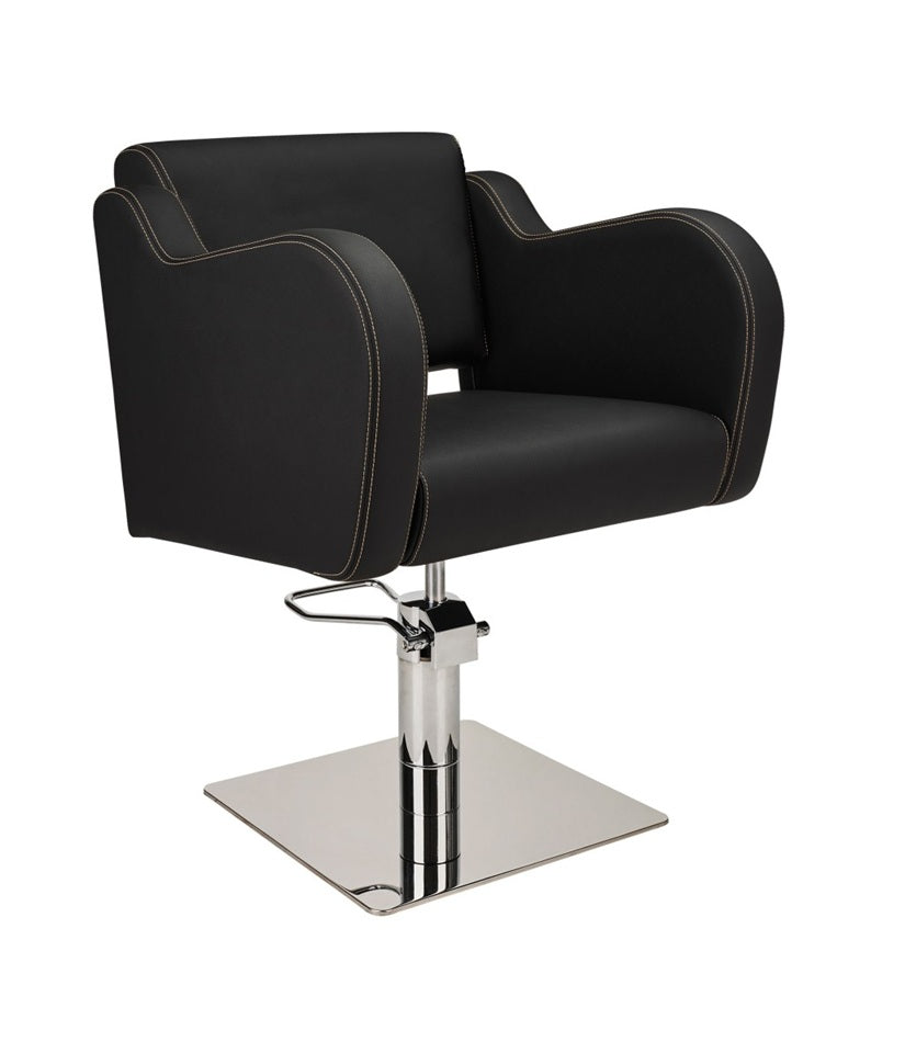 Ayala Holly 01 P-7 Scaun de Coafor Negru cu Cusături Aurii și Bază Pătrată Cromată Argintie