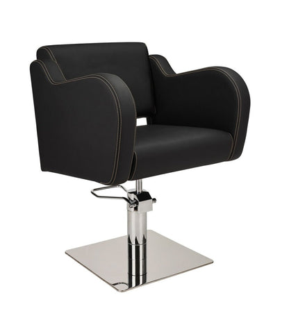 Ayala Holly 01 P-7 Scaun de Coafor Negru cu Cusături Aurii și Bază Pătrată Cromată Argintie