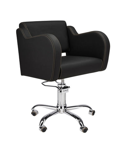 Ayala Holly 01 P-7 Scaun de Coafor Negru cu Cusături Aurii și Bază pe Roti Cromate