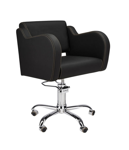 Ayala Holly 01 P-7 Scaun de Coafor Negru cu Cusături Aurii și Bază pe Roti Cromate