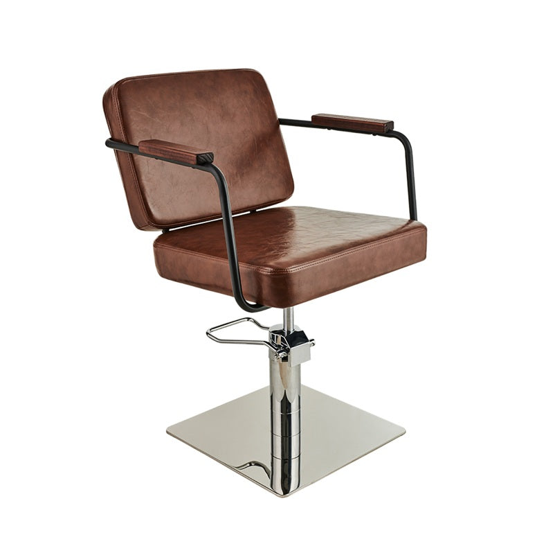 Ayala Enzo 01 – Scaun profesional de coafor maro cu bază rotundă cromată – Stil industrial rafinat și confort suprem pentru saloanele moderne