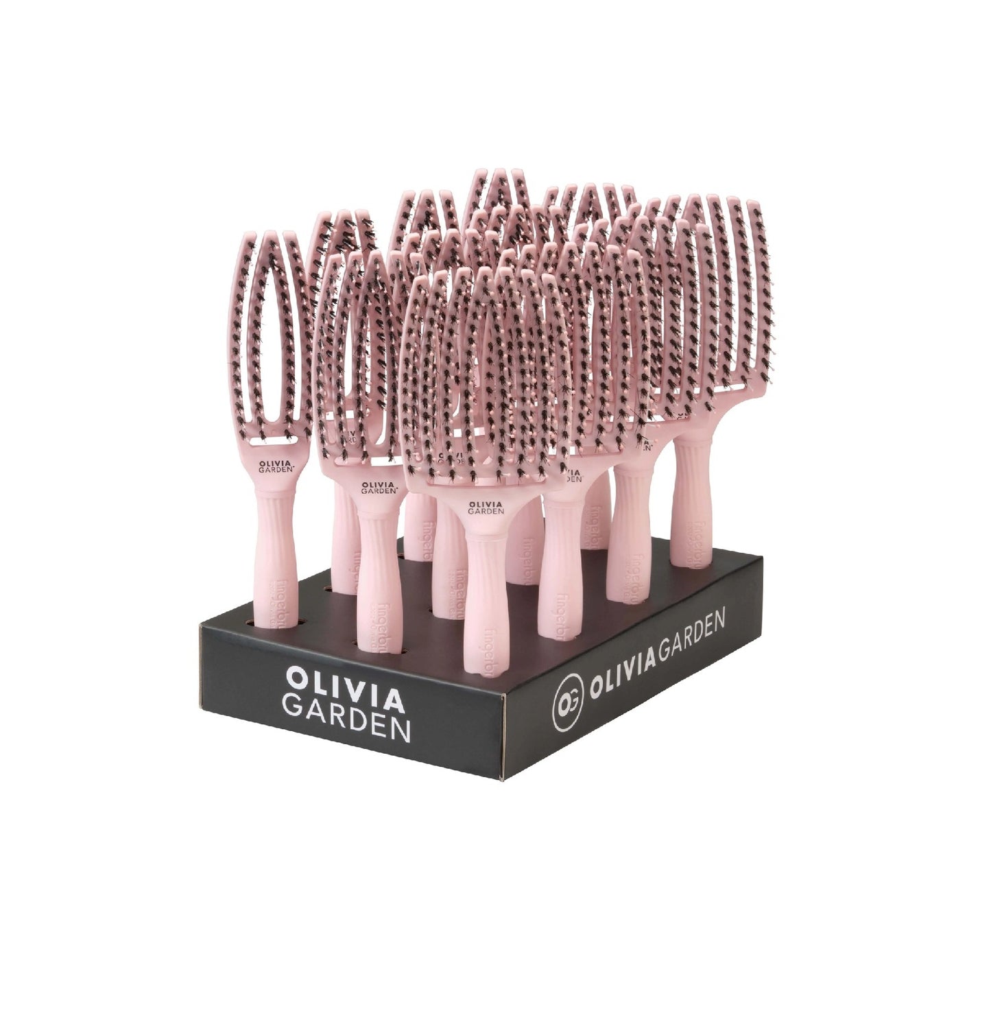 Olivia Garden Fingerbrush Boar & Nylon Pastel Pink – Display Profesional cu 12 Perii pentru Descurcare Ușoară și Strălucire Naturală