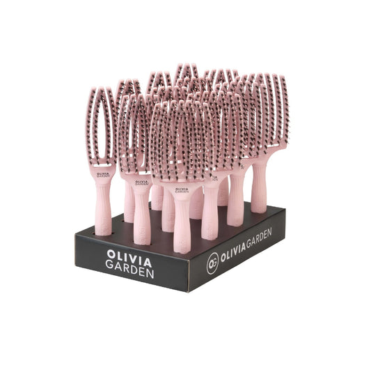 Olivia Garden Fingerbrush Boar & Nylon Pastel Pink – Display Profesional cu 12 Perii pentru Descurcare Ușoară și Strălucire Naturală